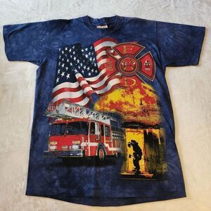 The Mountain 2001 Vintage Blue Tie Dye America Fire Man Tshirt Size Med NWOT
